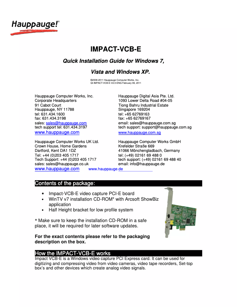 Page 1 de la notice Manuel utilisateur Hauppauge Impact-VCB-e