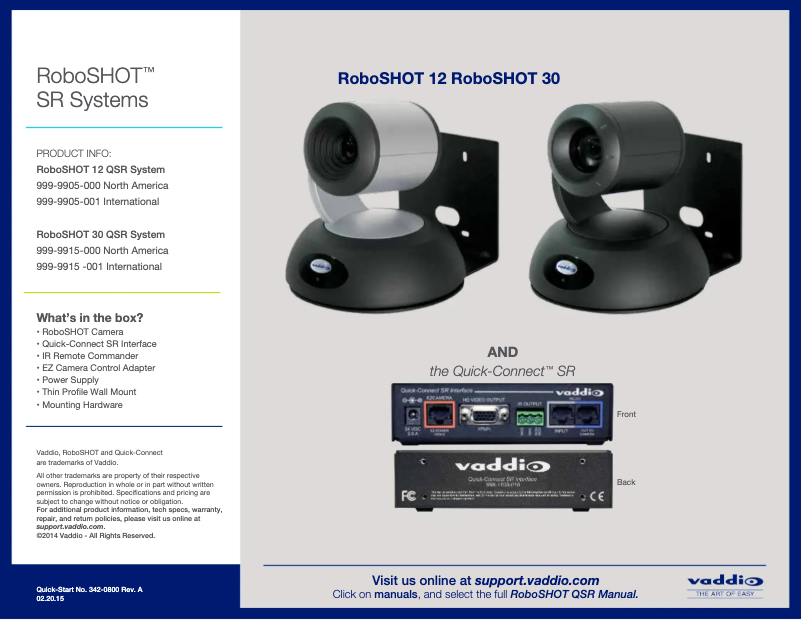 Page 1 de la notice Manuel utilisateur Vaddio RoboSHOT 12 QSR