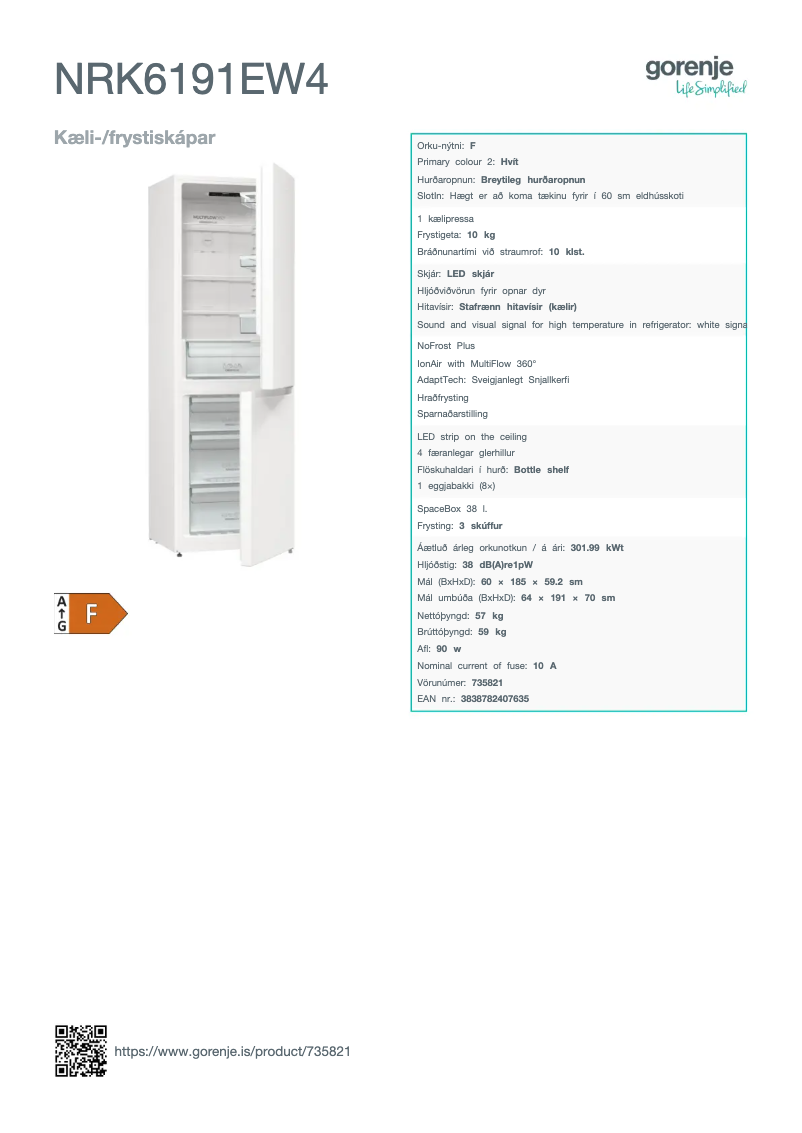 Page n°1 - Fiche technique Gorenje NRK6191EW4