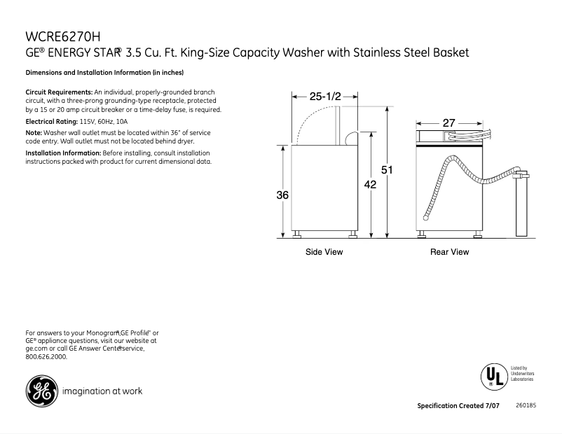 Page n°1 - Fiche technique GE WCRE6270HWW
