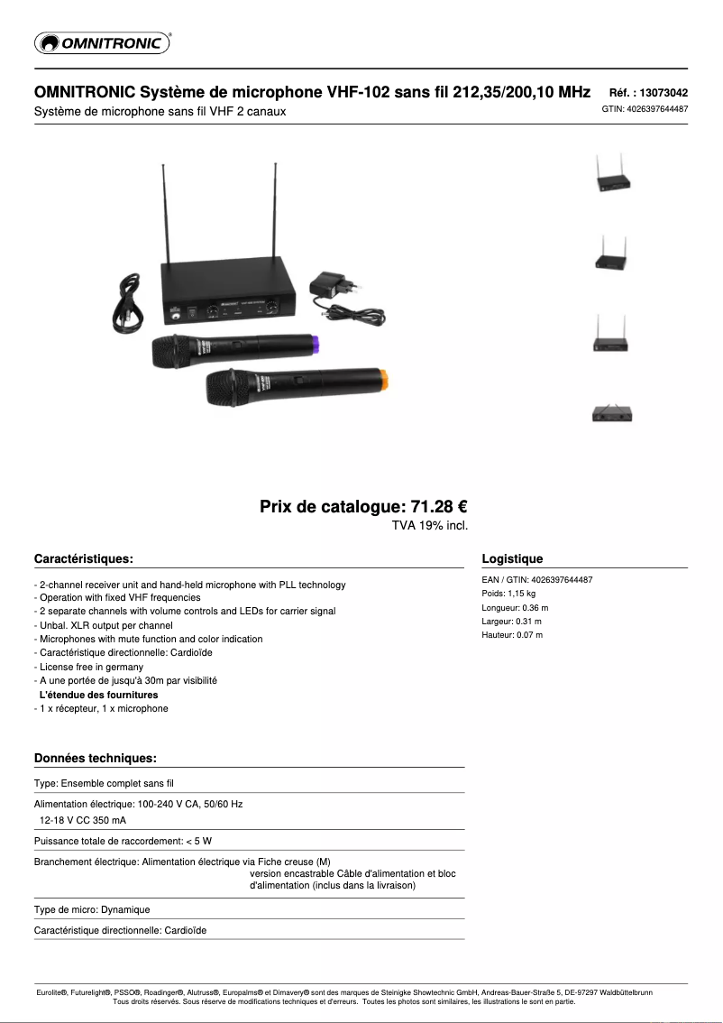 Page 1 de la notice Fiche technique Omnitronic VHF-102