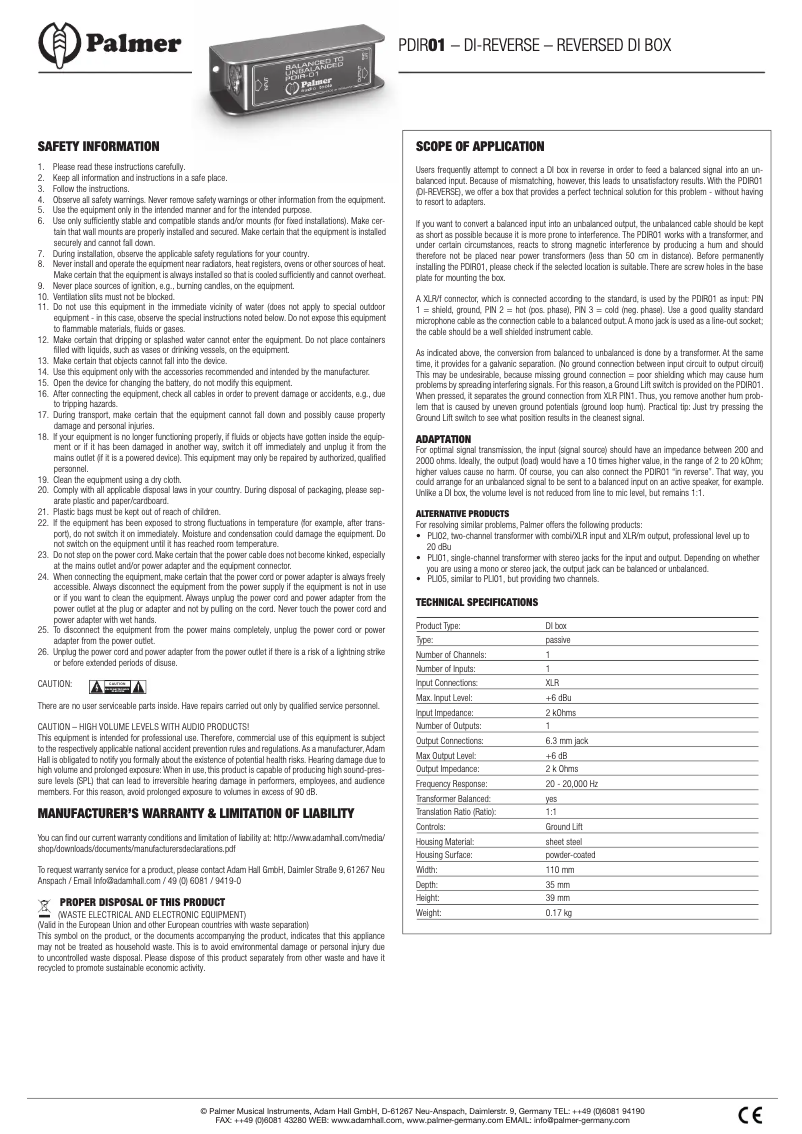Page 1 de la notice Manuel utilisateur Palmer DI-Reverse