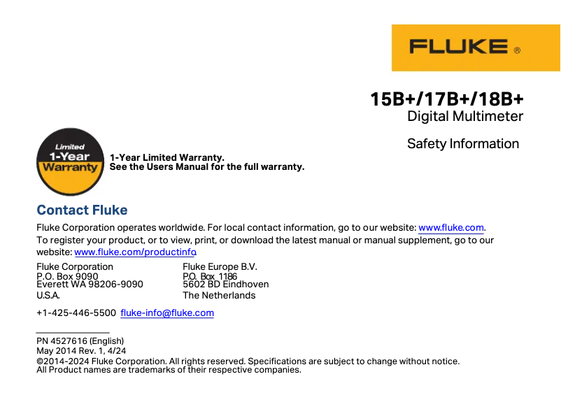 Page 1 of the manual Safety Instructions Fluke 17B+