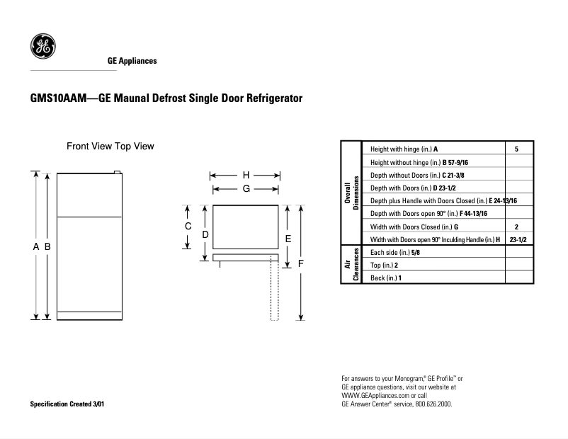 Page n°1 - Fiche technique GE GMS10AAMLWW