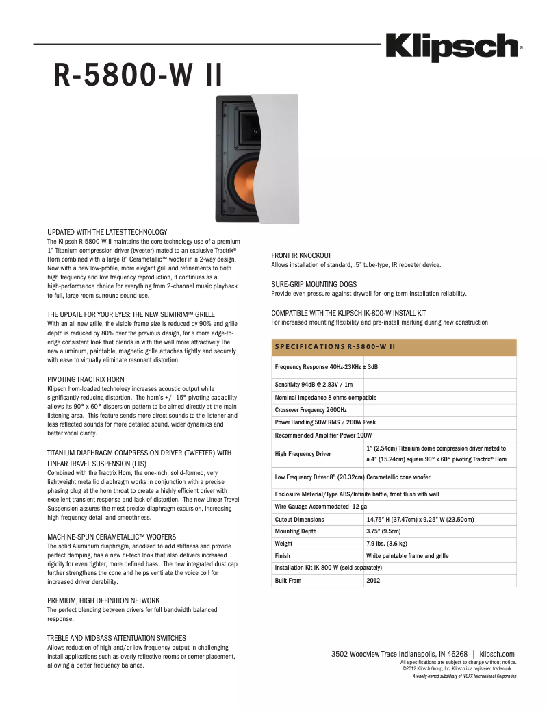 Page n°1 - Fiche technique Klipsch R-5800-W