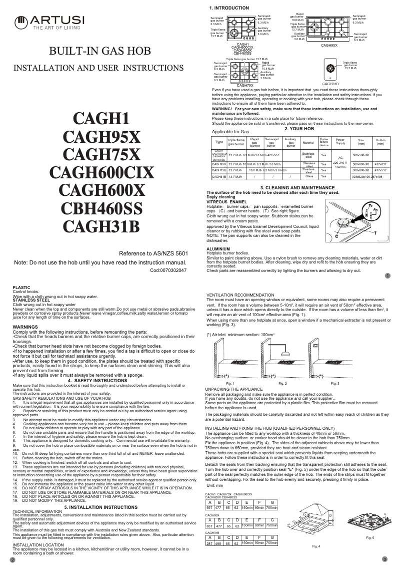 Page n°1 - Manuel utilisateur Artusi CAGH31B_