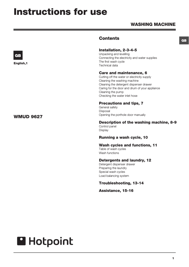 Page 1 de la notice Manuel utilisateur Hotpoint WMUD 9627 P