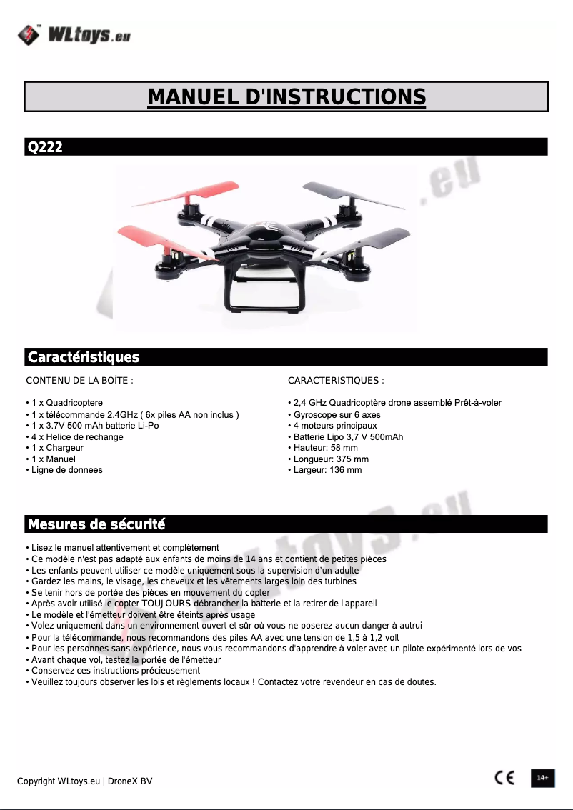 Page 1 de la notice Manuel utilisateur WLtoys Q222K - Spaceship
