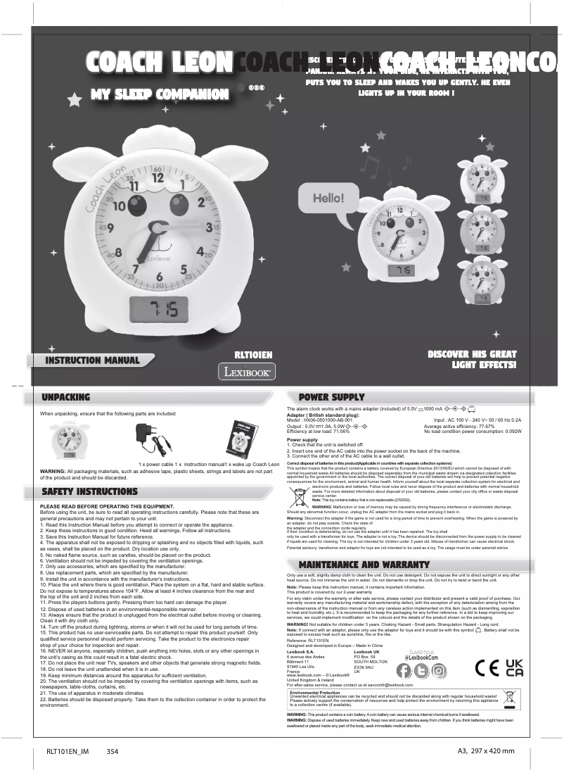 Page 1 de la notice Manuel utilisateur Lexibook Coach Leon RLT101EN
