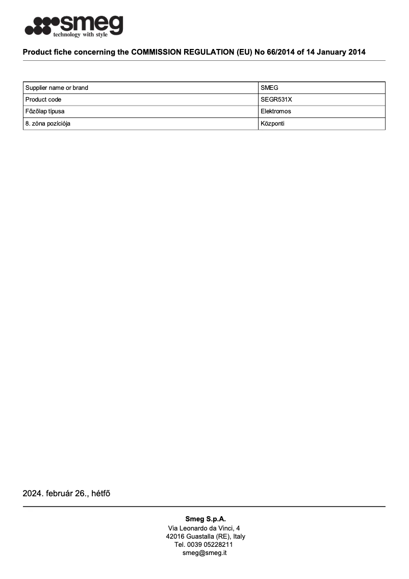 Page 1 de la notice Fiche technique Smeg SEGR531X