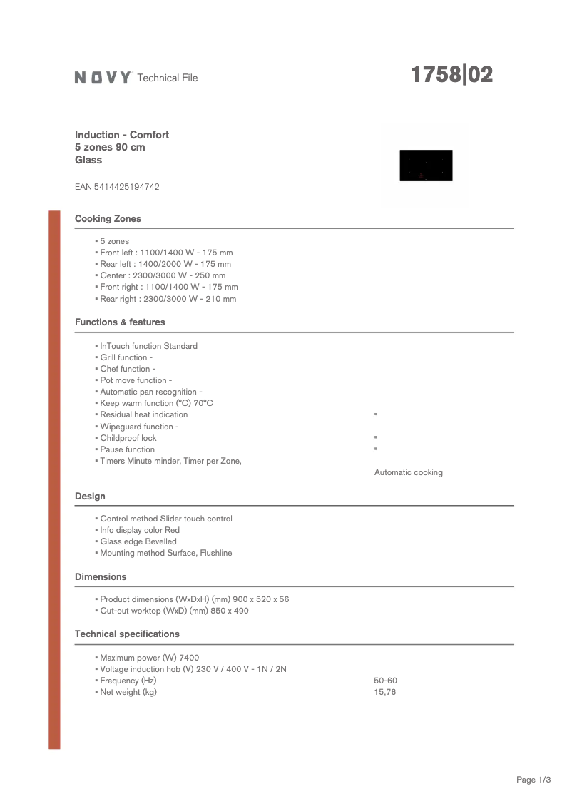 Page 1 de la notice Fiche technique Novy Comfort 1758