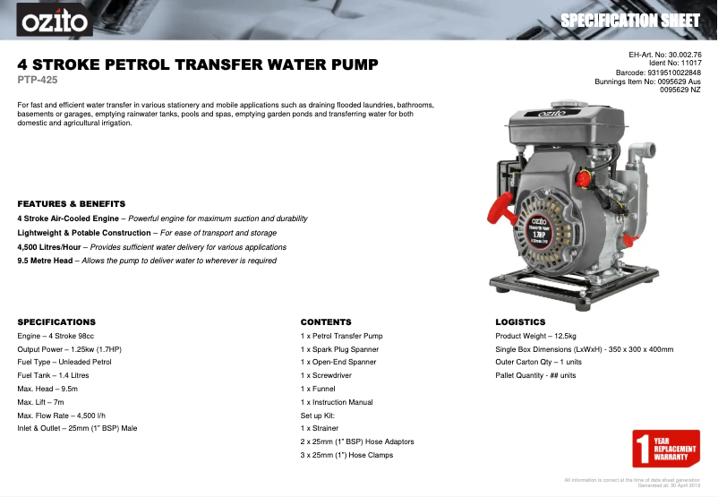 Page 1 de la notice Fiche technique Ozito PTP-425