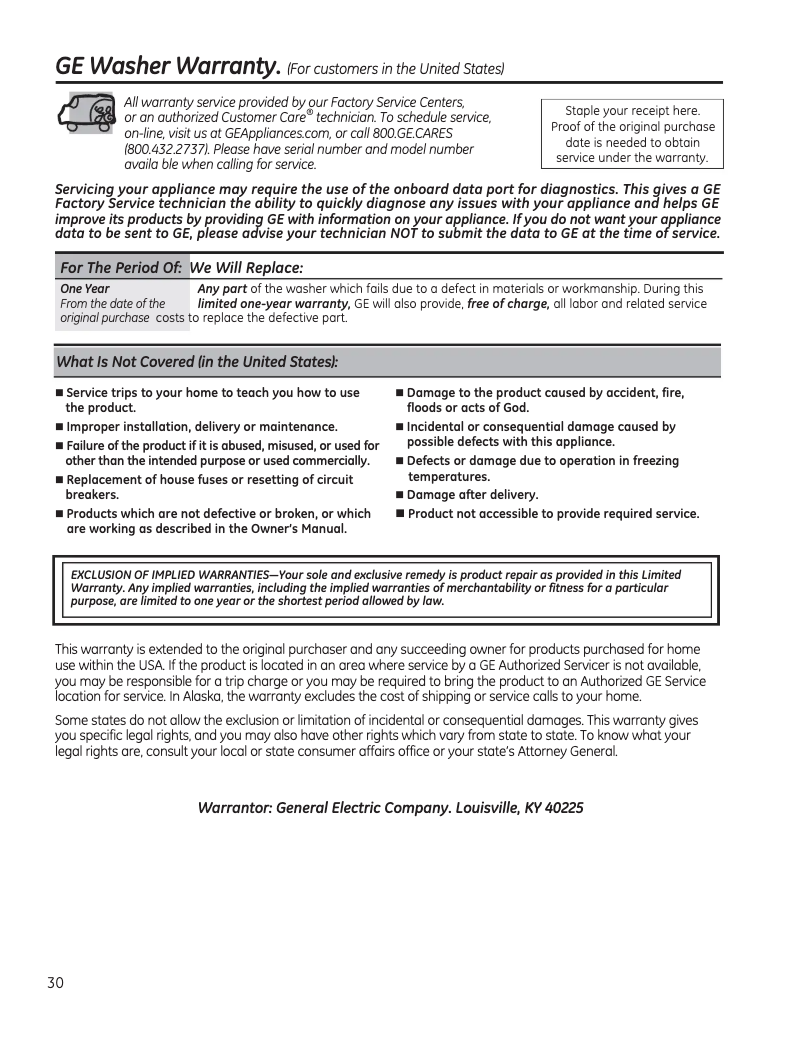Page n°1 - Informations de garantie GE GFQ14ESSNWW