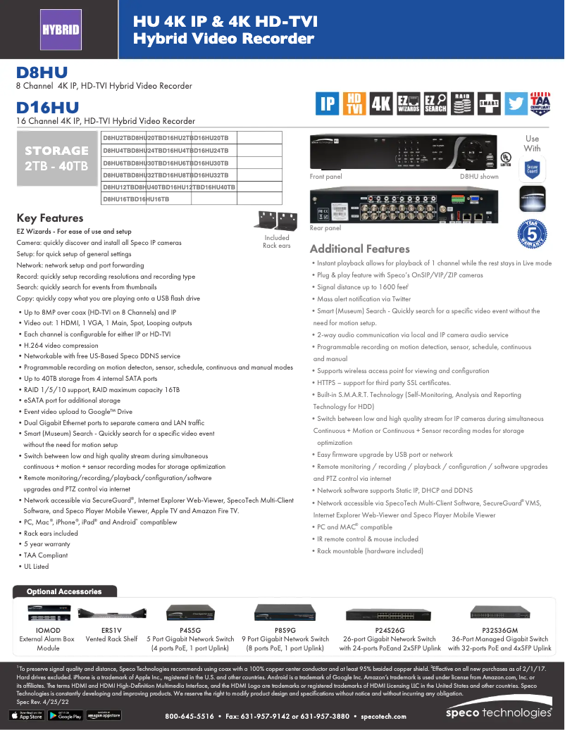 Page 1 de la notice Fiche technique Speco Technologies D8HU