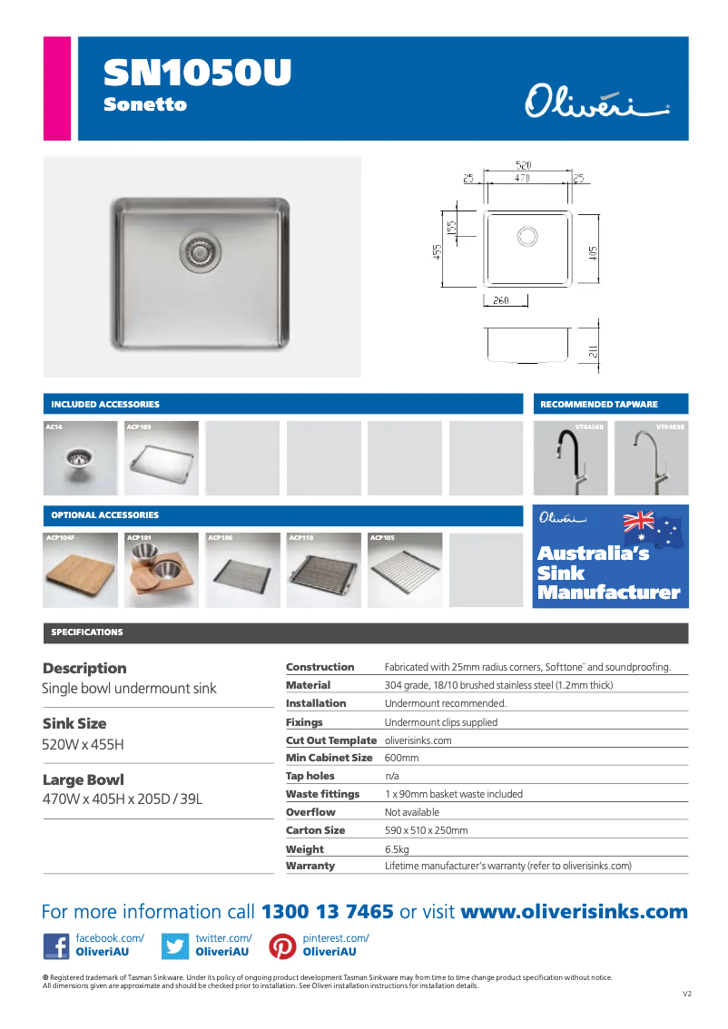 Page 1 de la notice Fiche technique Oliveri SN1050U