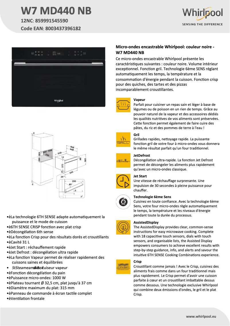 Page 1 de la notice Fiche technique Whirlpool W7 MD440 NB