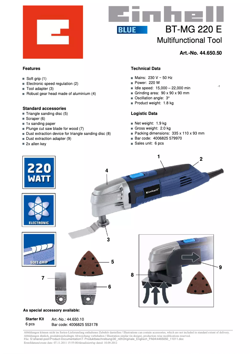 Page 1 de la notice Fiche technique Einhell BT-MG 220 E
