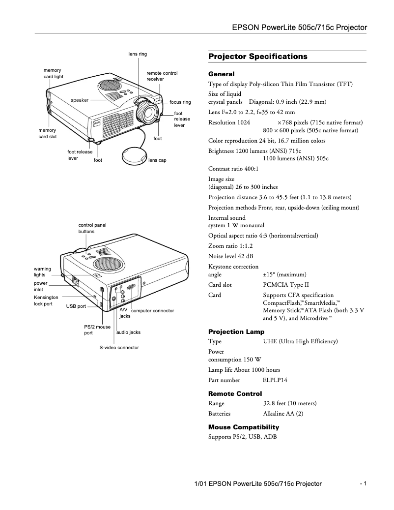 Page 1 de la notice Fiche technique Epson PowerLite 715c