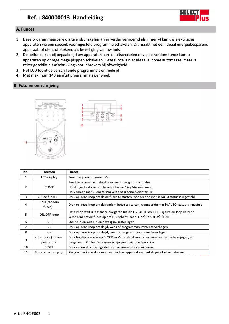 Image de la première page du manuel de l'appareil PHC-P002