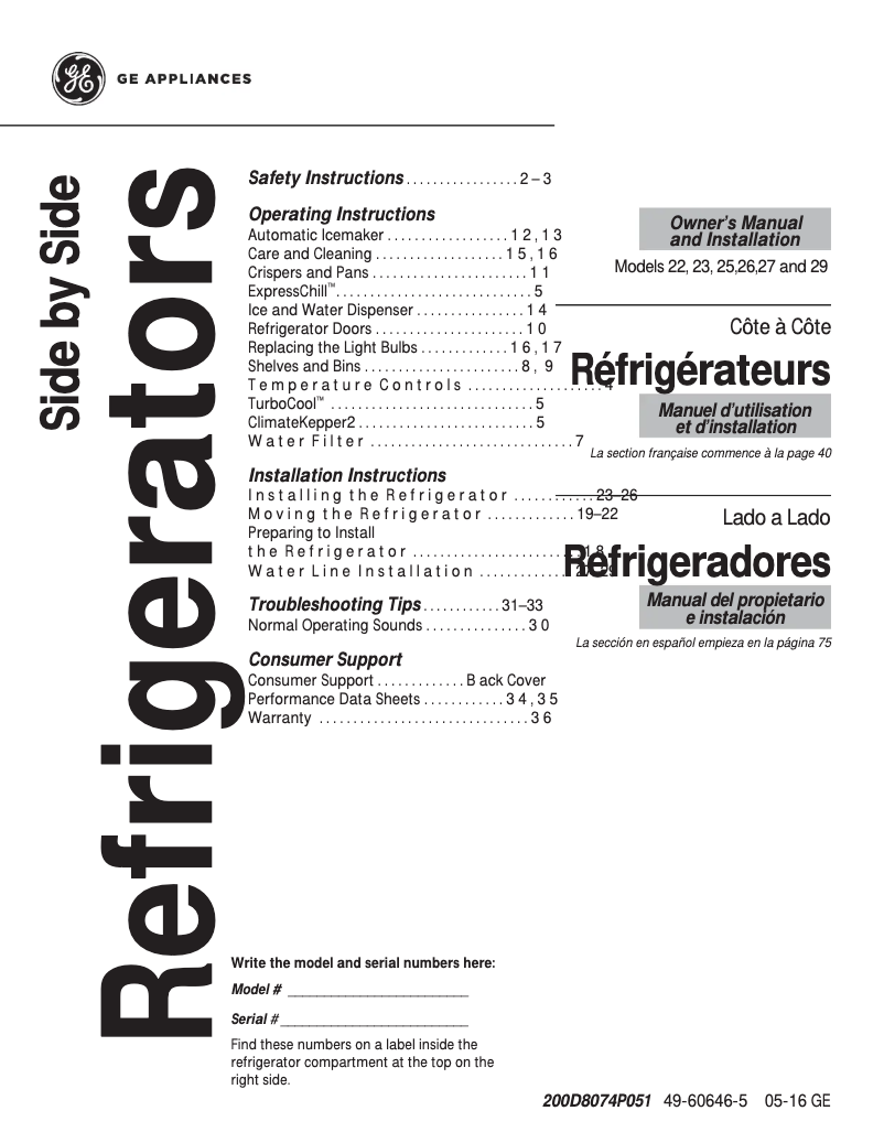 Page n°1 - Manuel d'utilisation et d'entretien GE GSE26HSESS