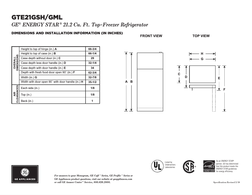 Página 1 del manual Ficha técnica GE GTE21GMLES