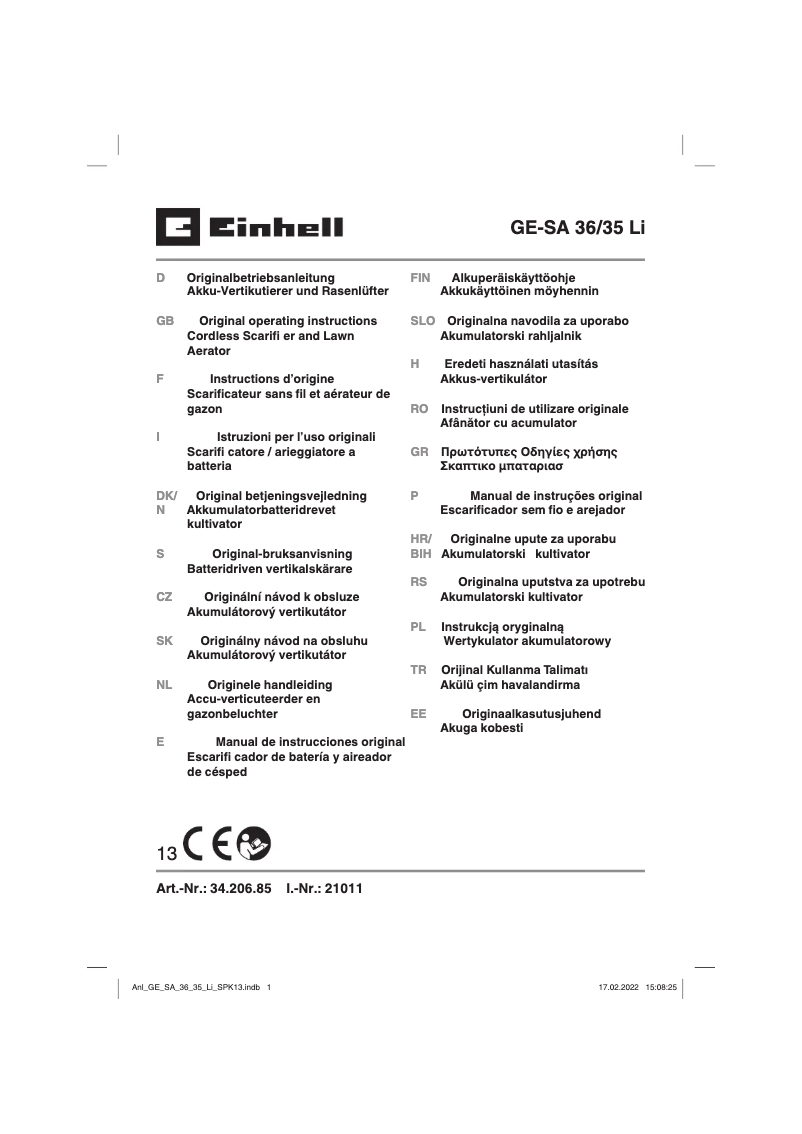Page n°1 - Manuel utilisateur Einhell GE-SA 36/35 Li