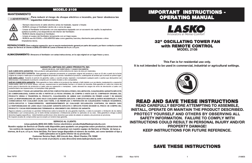 Page 1 de la notice Manuel utilisateur Lasko 2108