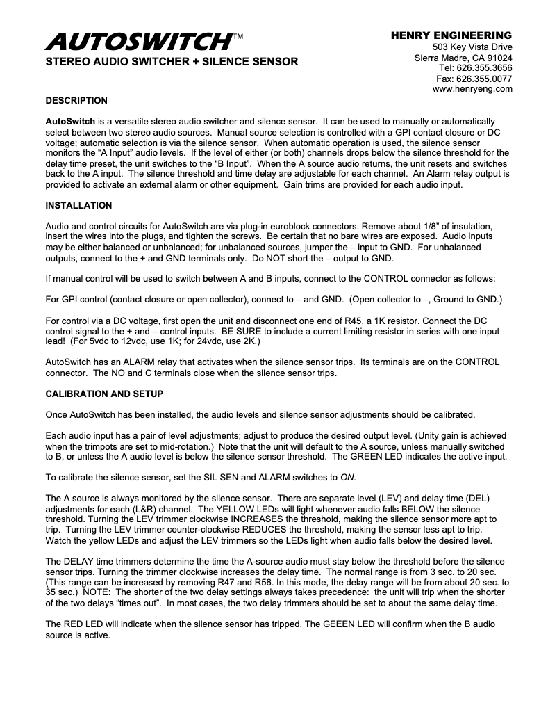 Page n°1 - Manuel utilisateur Henry Engineering Autoswitch