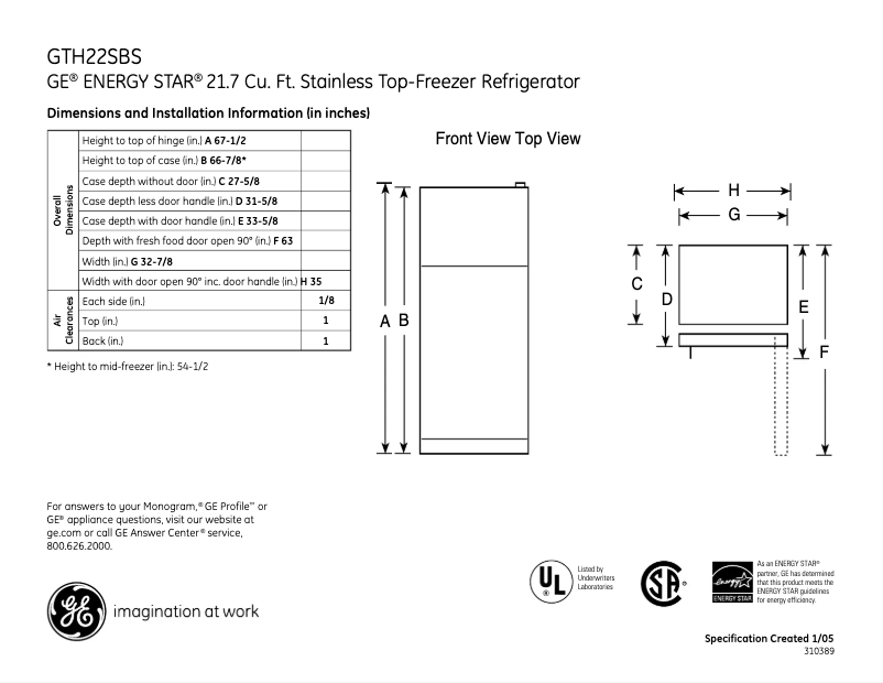 Página 1 del manual Ficha técnica GE GTH22SBSSS