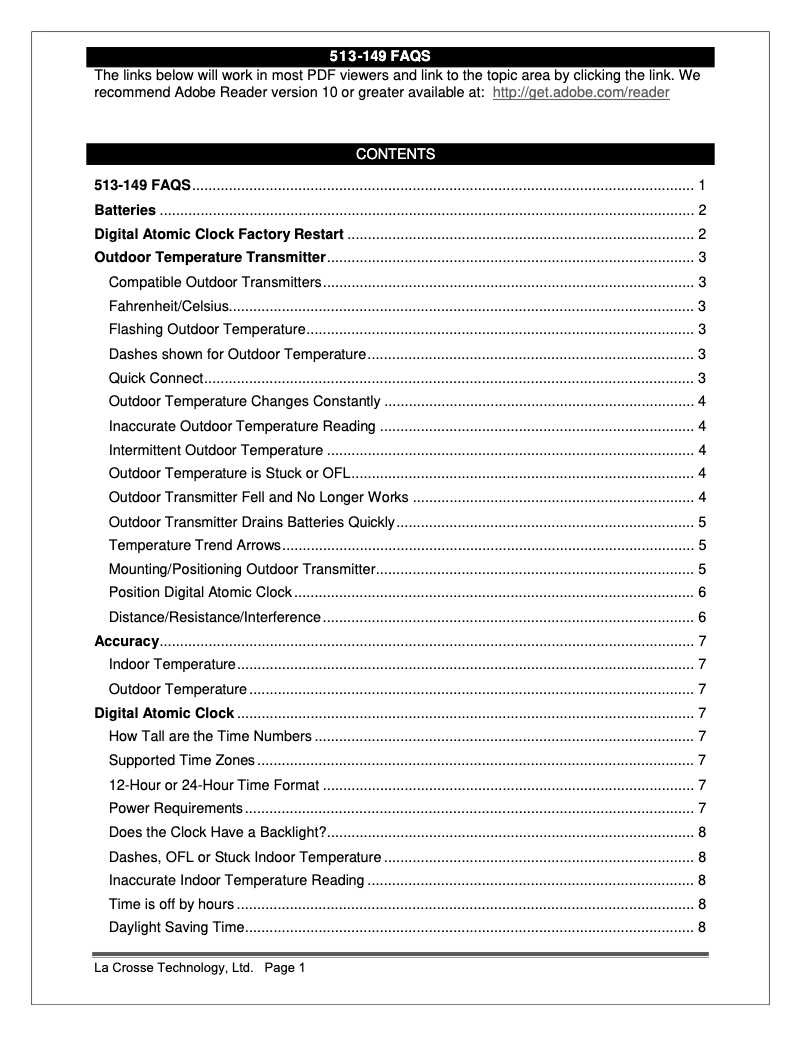 Page 1 de la notice FAQ La Crosse Technology 513-149V2