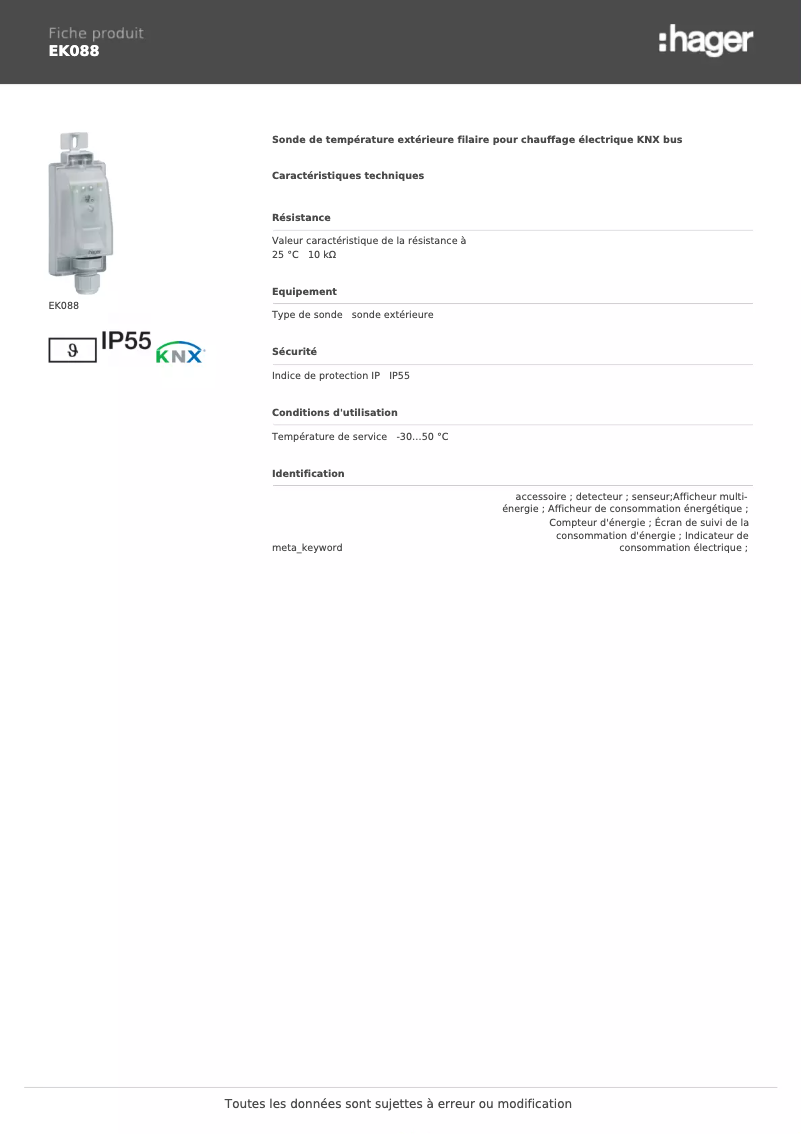 Page 1 de la notice Fiche technique Hager EK088