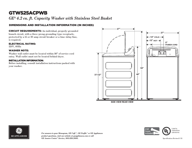 Página 1 del manual Ficha técnica GE GTW525ACPWB