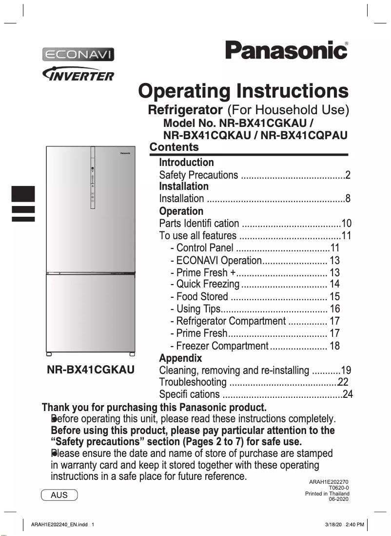 Page 1 de la notice Manuel utilisateur Panasonic NR-BX41CQPAU