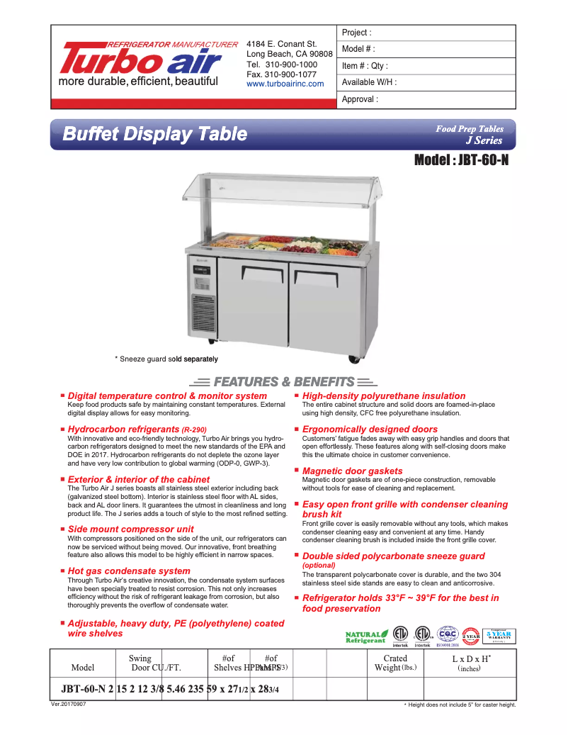 Page 1 de la notice Fiche technique Turbo air JBT-60
