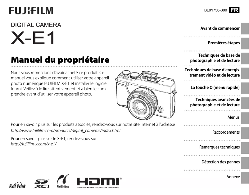 Image de la première page du manuel de l'appareil X-E1