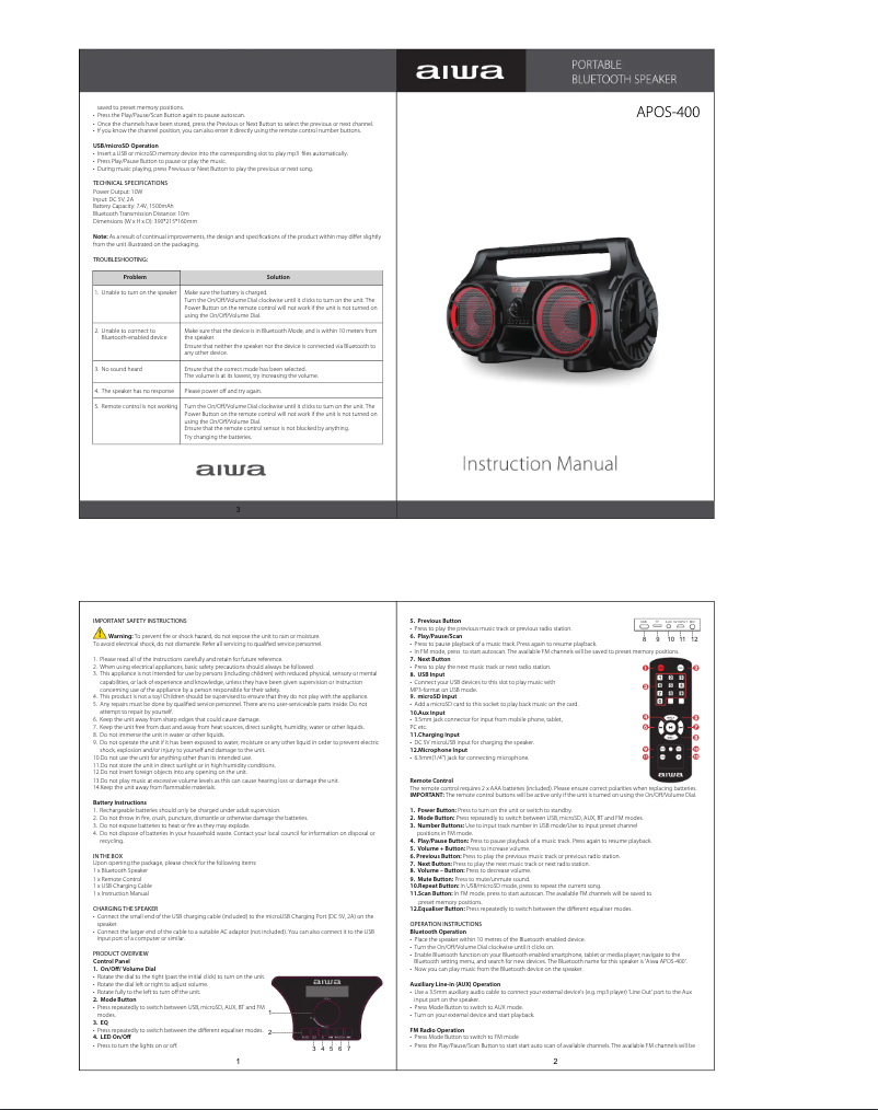 Page 1 de la notice Manuel utilisateur Aiwa APOS-400