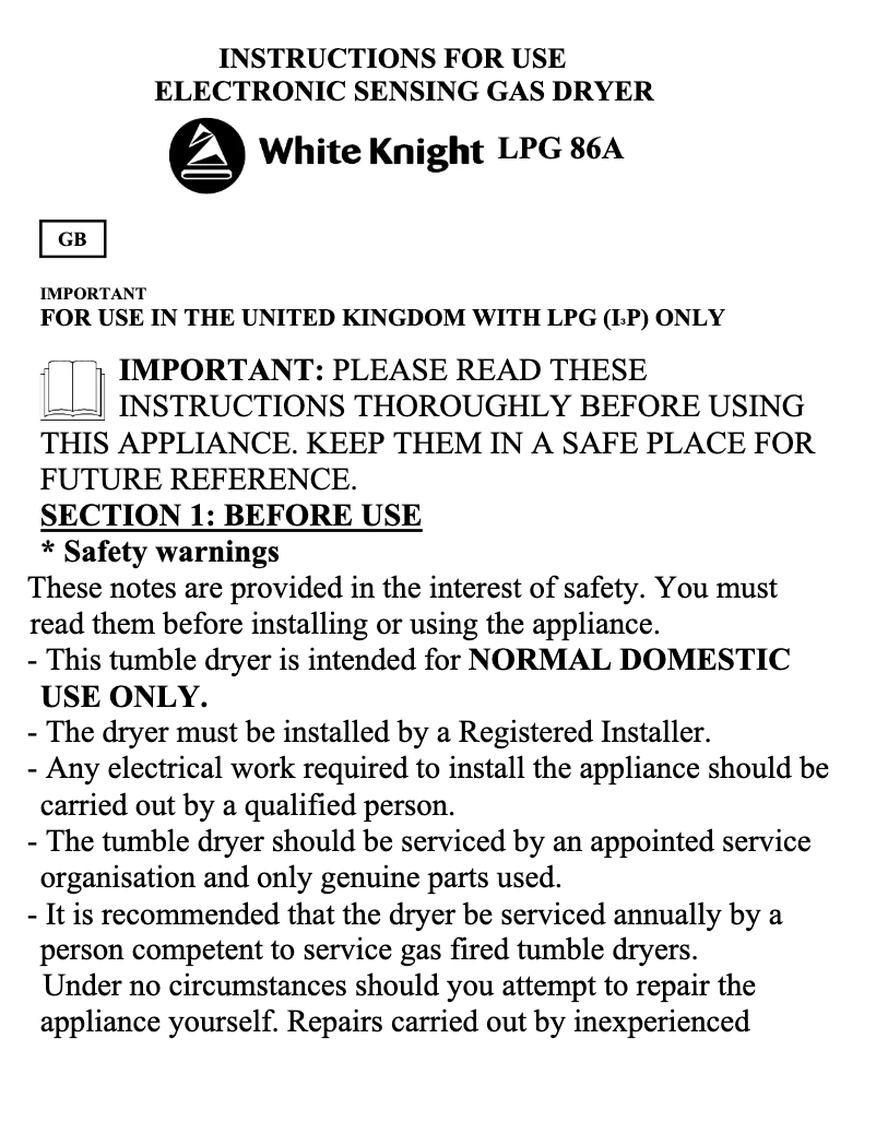 Page 1 de la notice Manuel utilisateur White Knight LPG86A