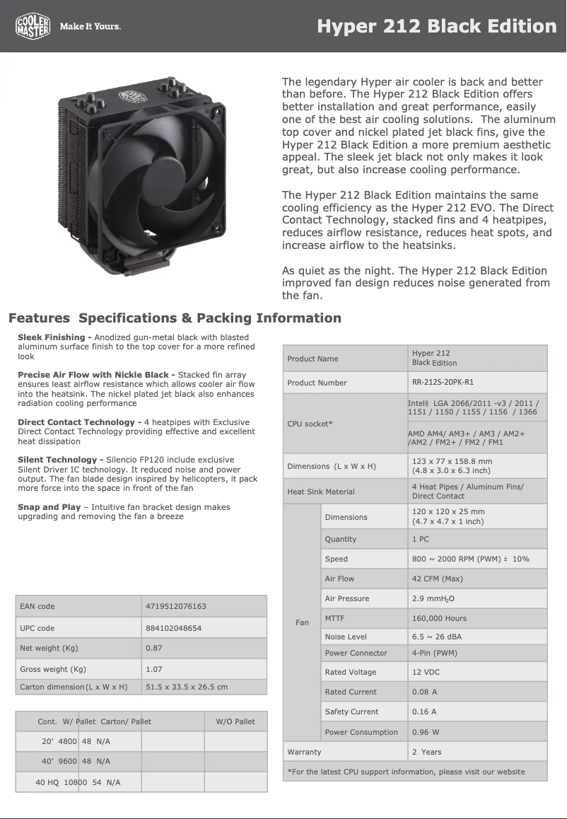 Page n°1 - Fiche technique Cooler Master Hyper 212 Black Edition