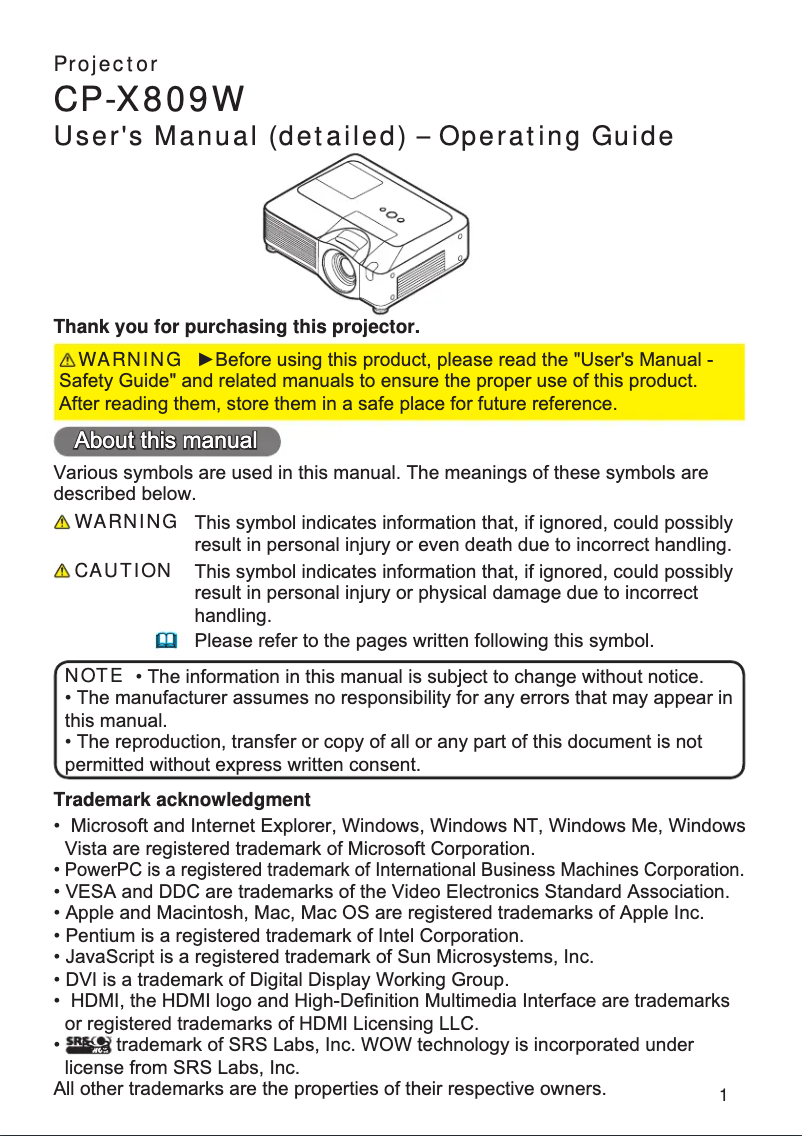 Image de la première page du manuel de l'appareil CP-X809