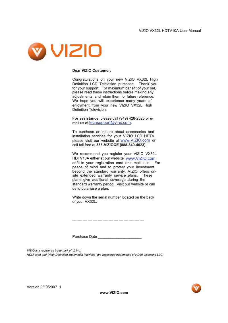 Page 1 de la notice Manuel utilisateur VIZIO VX32LHDTV10A