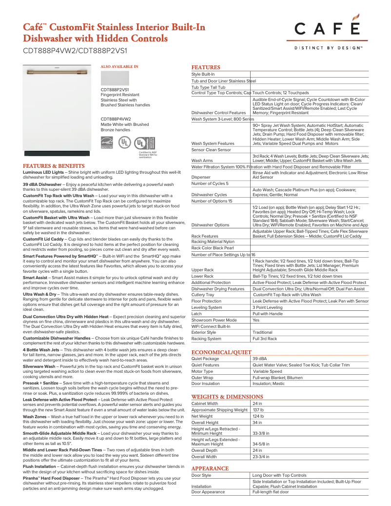Page 1 de la notice Fiche technique GE CDT888P2VS1