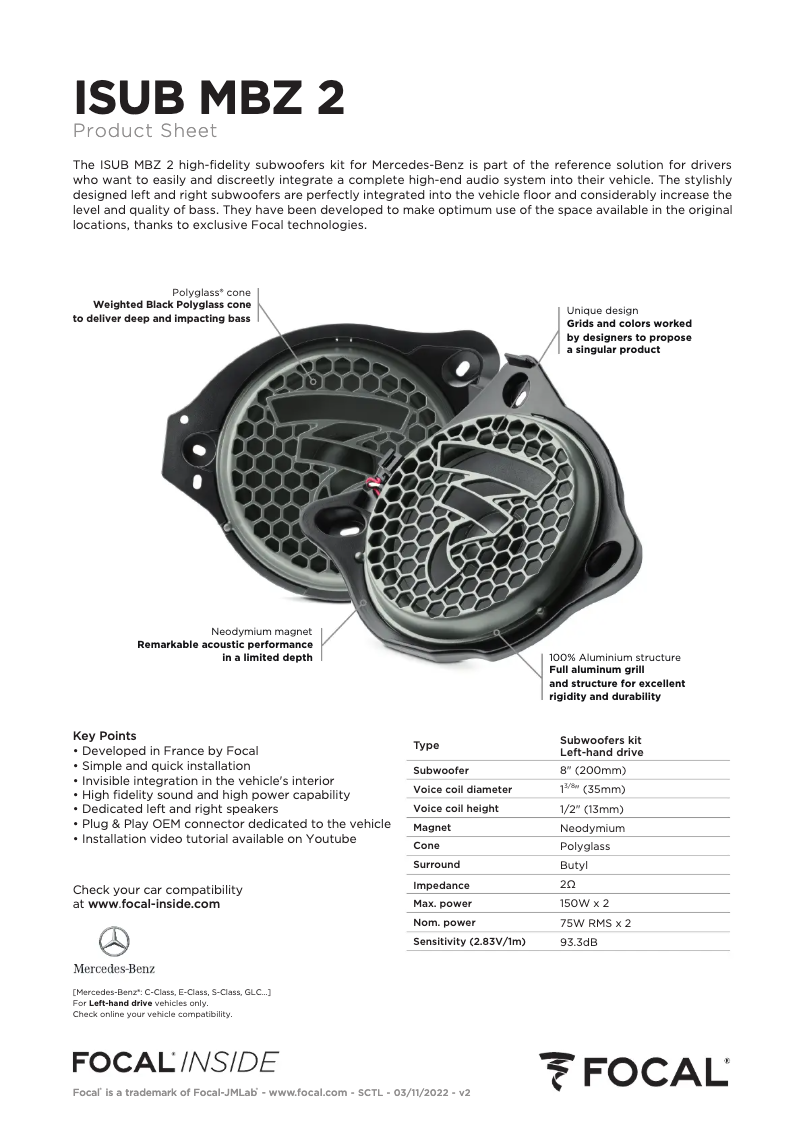 Página 1 del manual Ficha técnica Focal ISUB MBZ 2 LHD v2