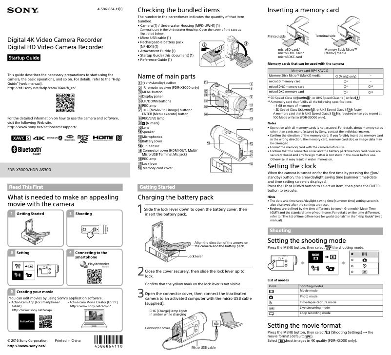 Page 1 de la notice Guide d'installation Sony FDR-X3000