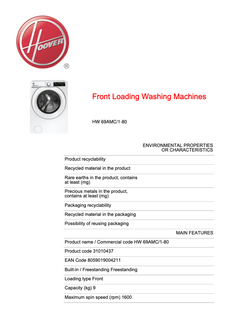 Page 1 de la notice Fiche technique Hoover H-WASH 500 HW 69AMC/1-80