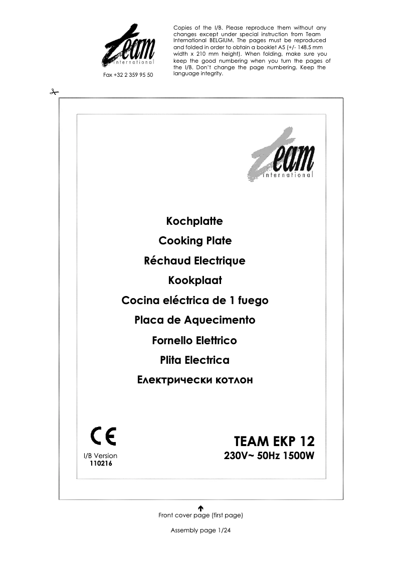 Page 1 de la notice Manuel utilisateur Team EKP 12