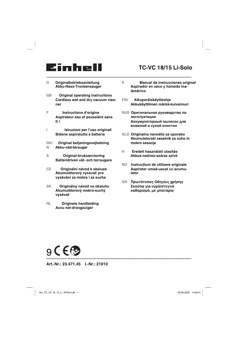 Image de la première page du manuel de l'appareil TC-VC 18/15 Li-Solo