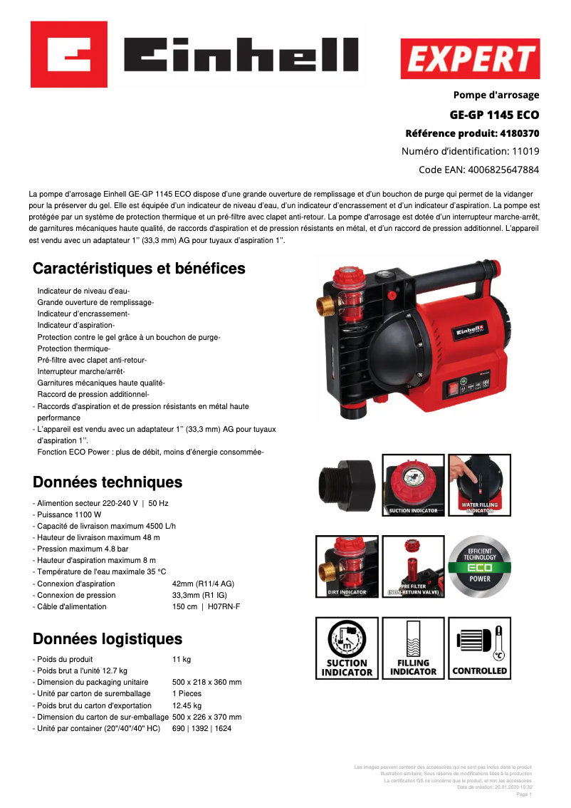 Page 1 de la notice Fiche technique Einhell GE-GP 1145 ECO