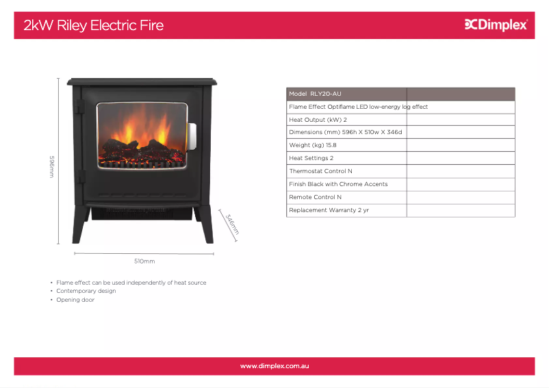 Page 1 de la notice Fiche technique Dimplex Riley RLY20-AU