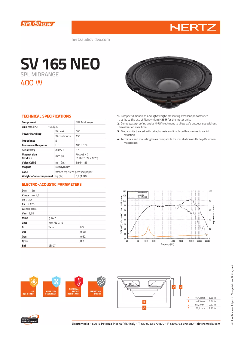 Page 1 de la notice Fiche technique Hertz SV 165 NEO