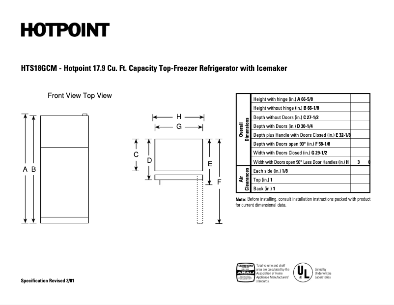 Page n°1 - Fiche technique Hotpoint HTS18GCMCC